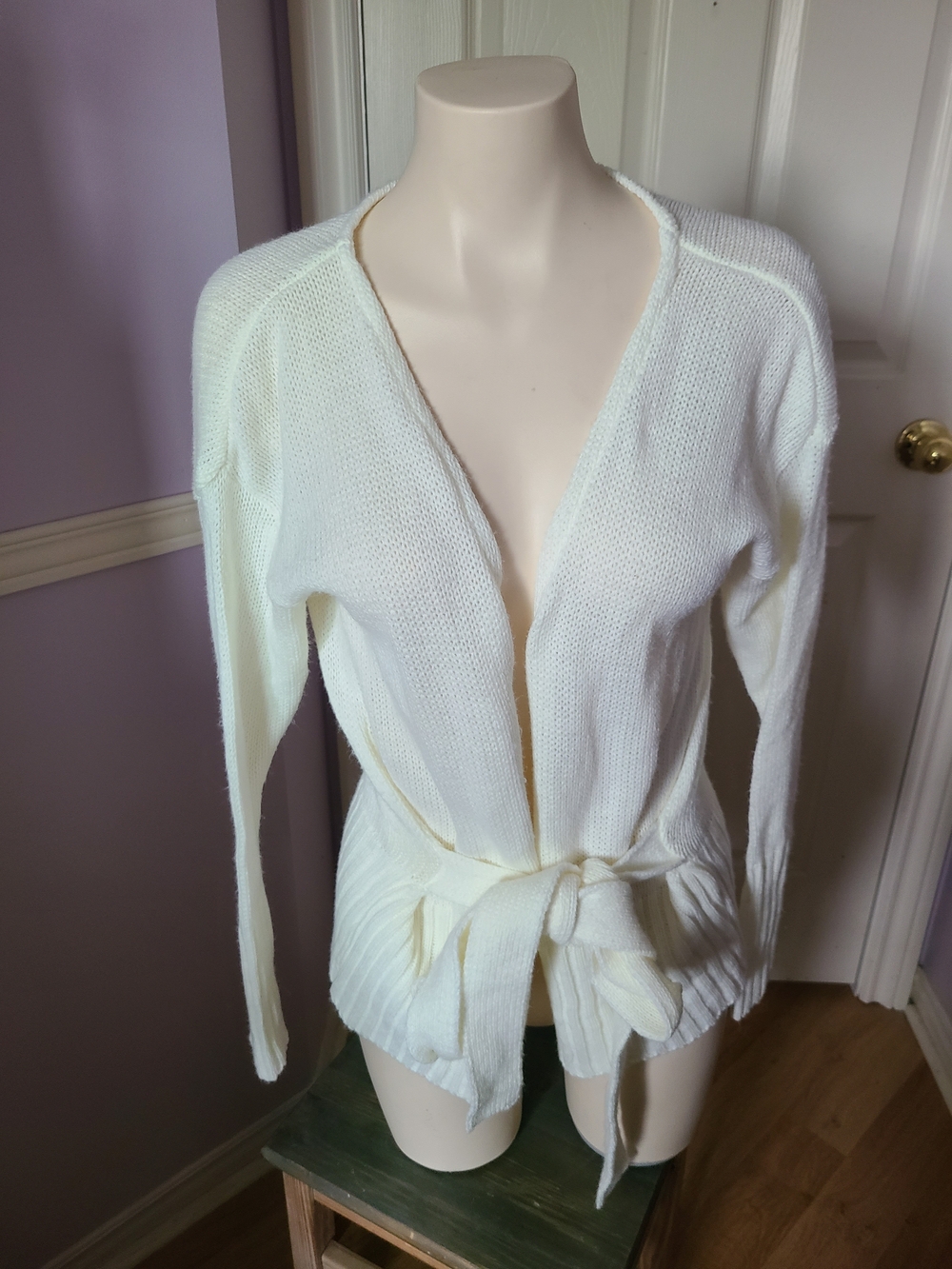 Boohoo Cream Tie-Waist Knit Cardigan